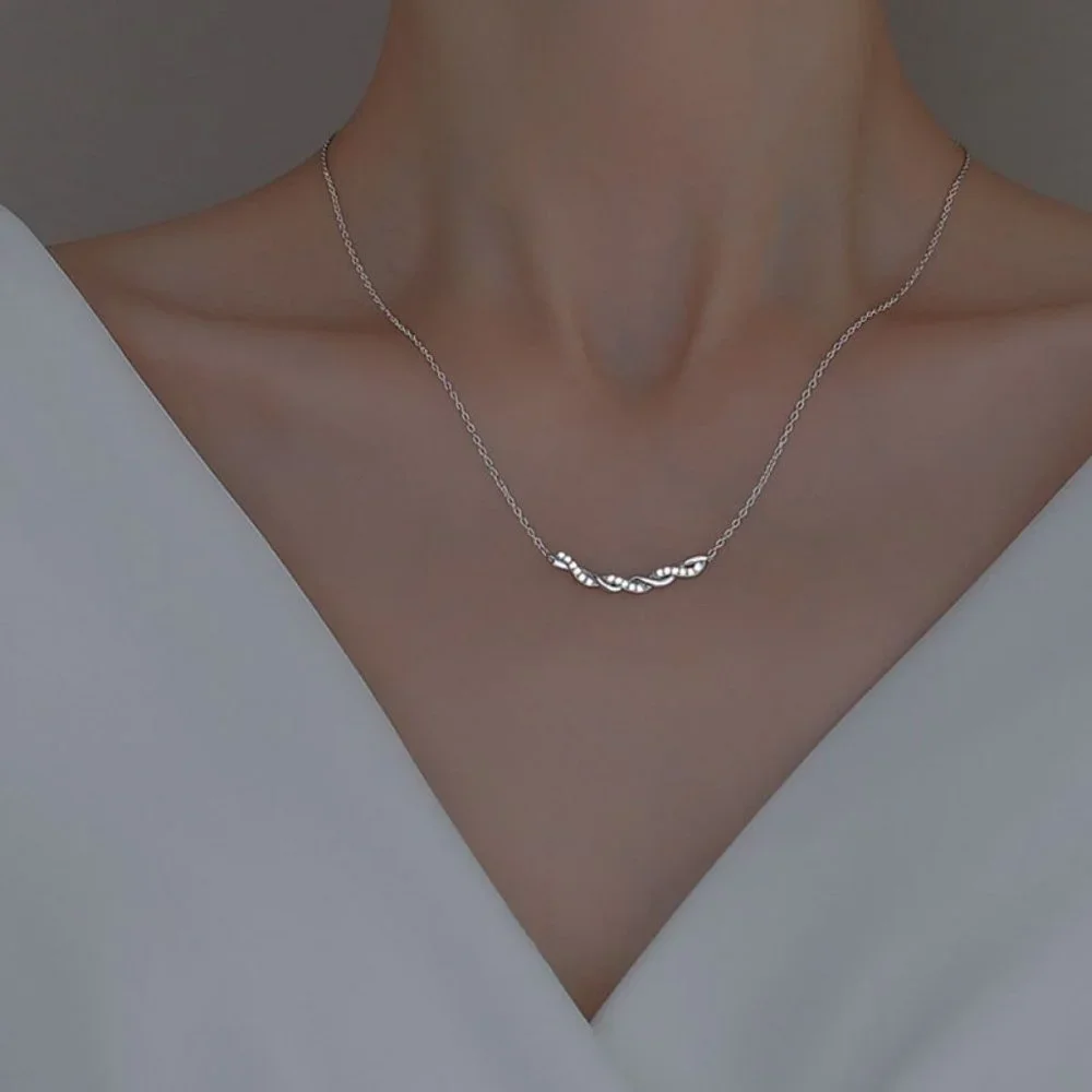 #NEW 925 Sterling Silver Diamond Braided Wave Necklace